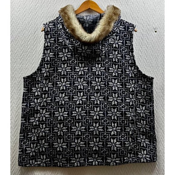 EUC TALBOTS NORDIC FAIR ISLE FAUX FUR HOODED VEST - WINTER ZIP-UP SLEEVELESS XXL - Picture 4 of 9